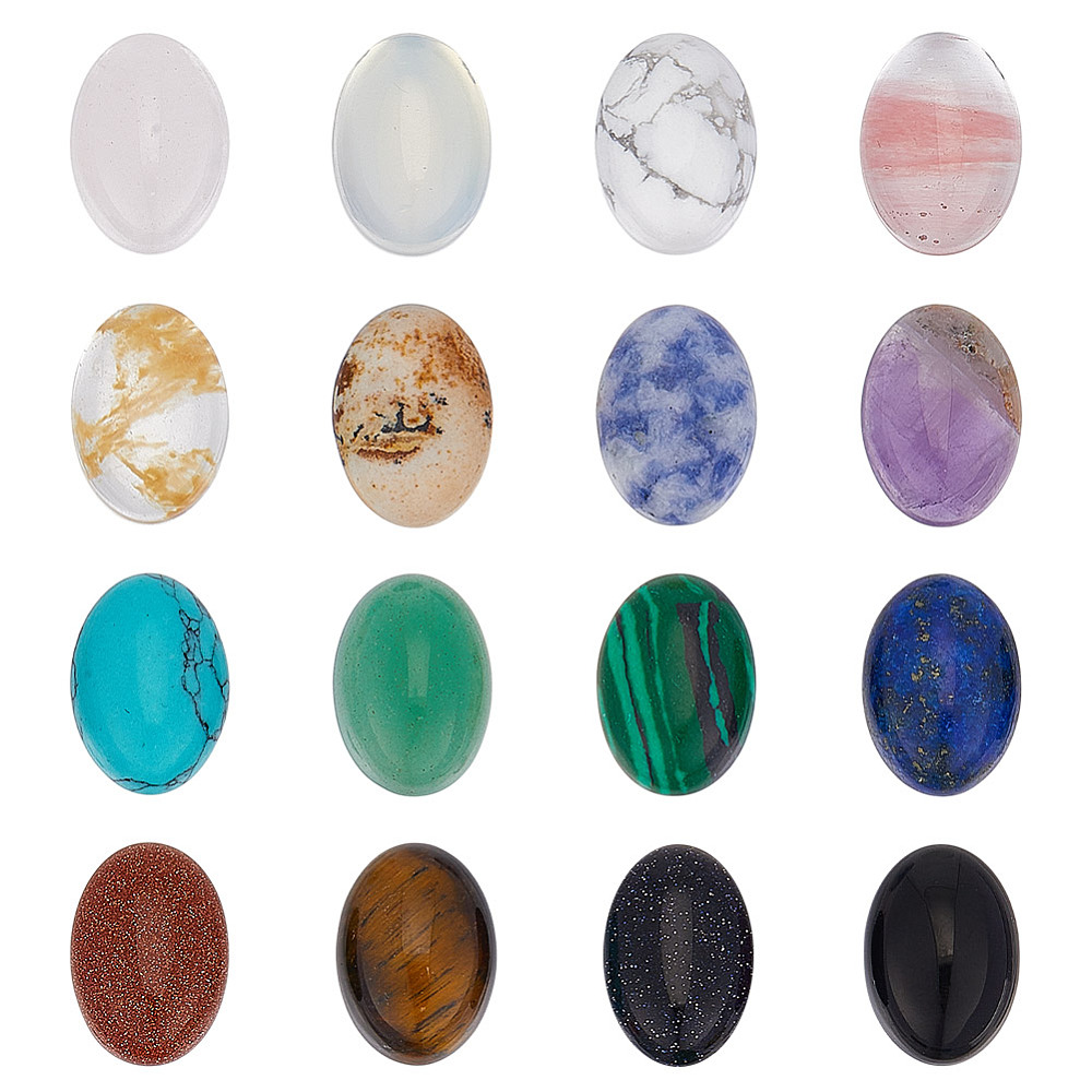 Jewelry Making Gemstones - หินคาโบชอง 16 ชิ้น หินแบนหลังเรียบ หินอัญมณีรูปวงรี คาโบชองหลากสีสำหรับงานประดิษฐ์เครื่องประดับ