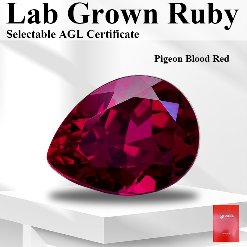 Jewelry Making Gemstones - พลอยทับทิมสังเคราะห์ทรงลูกแพร์ สีแดงเลือดนก สำหรับทำเครื่องประดับ พร้อมใบรับรองที่เลือกได้