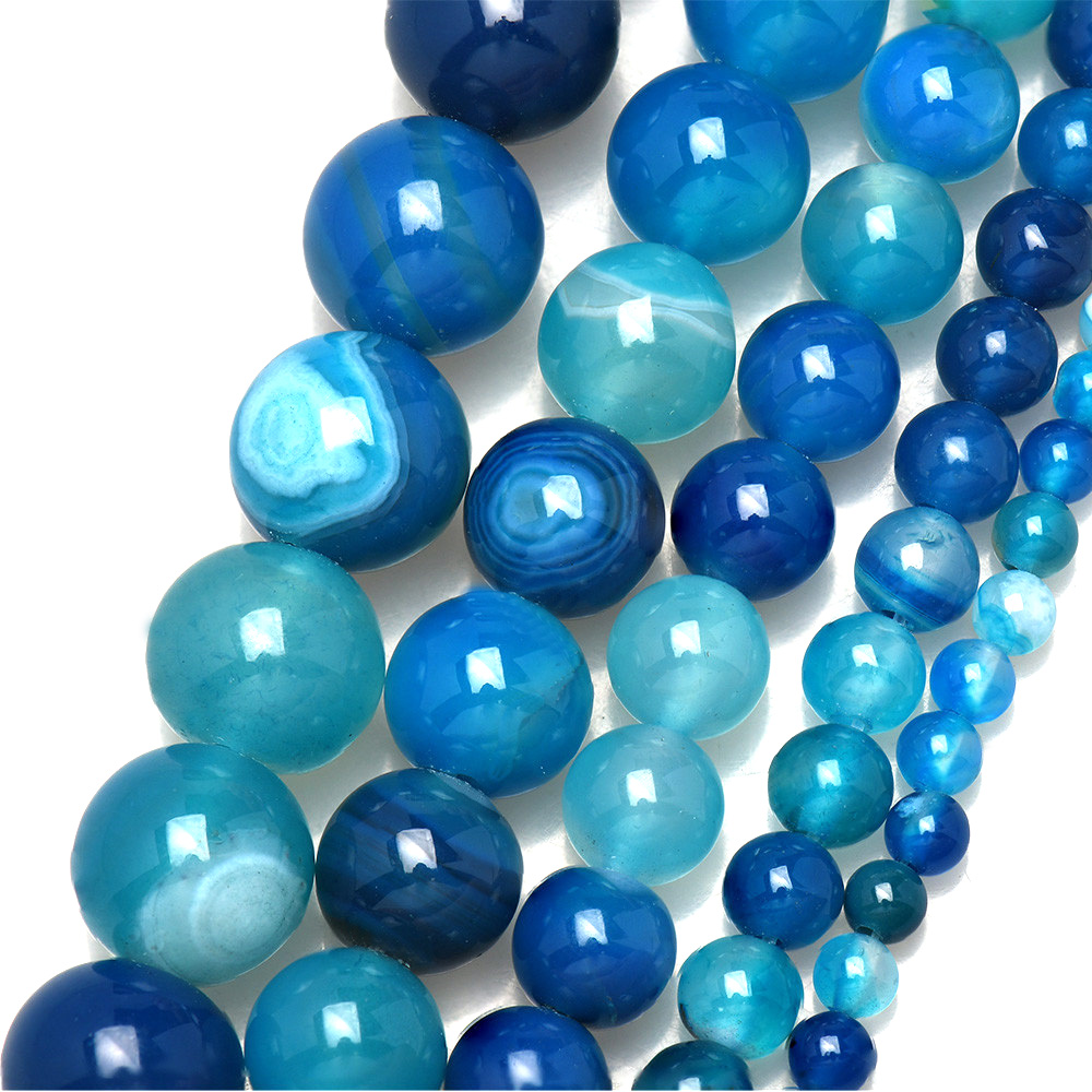 Jewelry Making Gemstones - หินธรรมชาติแถบลูกไม้สีฟ้า Agates รอบลูกปัด 4 6 8