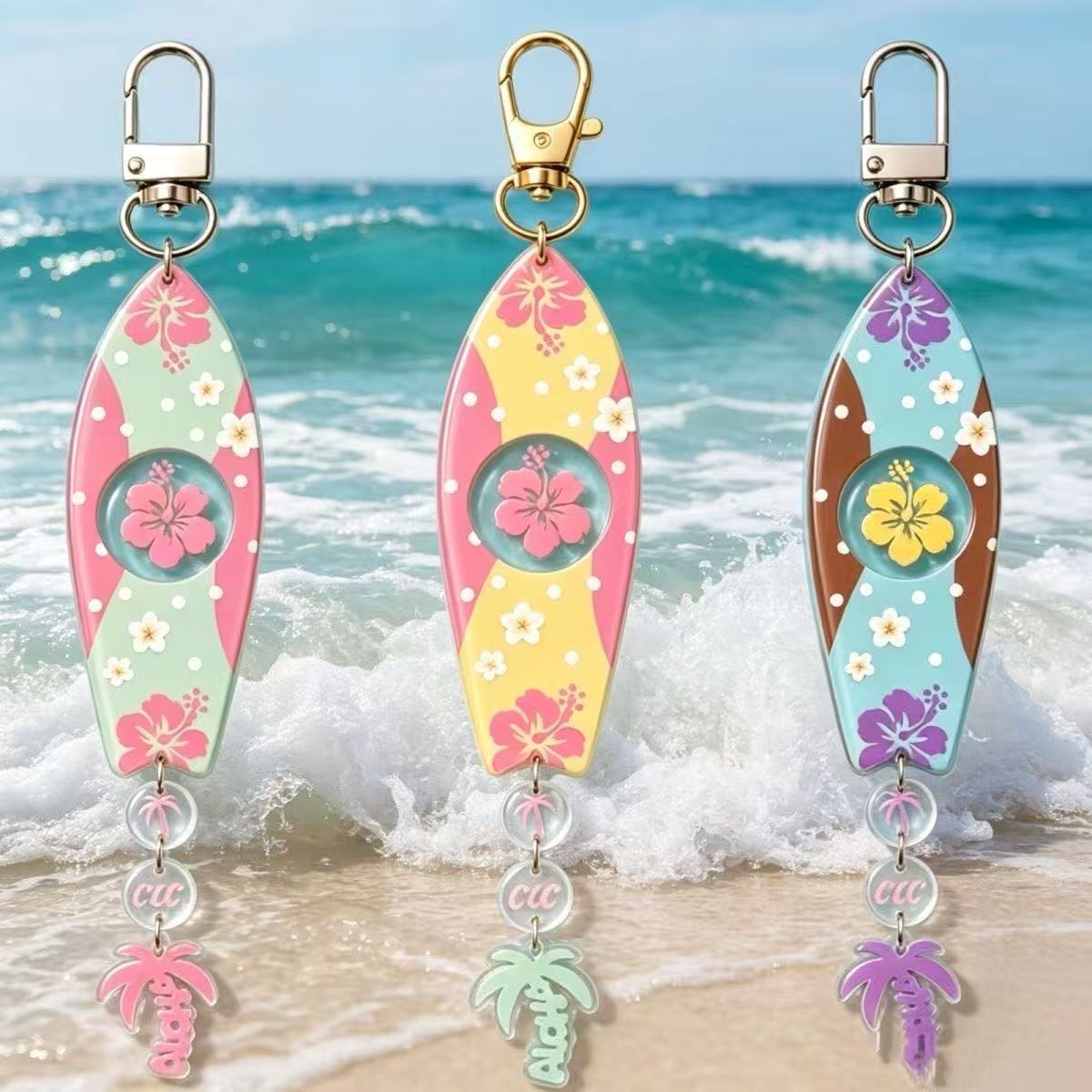 Jewelry Making Kits - พวงกุญแจอะคริลิกรูปกระดานโต้คลื่นฮาวาย ดีไซน์ดอกชบาและต้นปาล์ม ชุดพวงกุญแจเครื่องประดับ