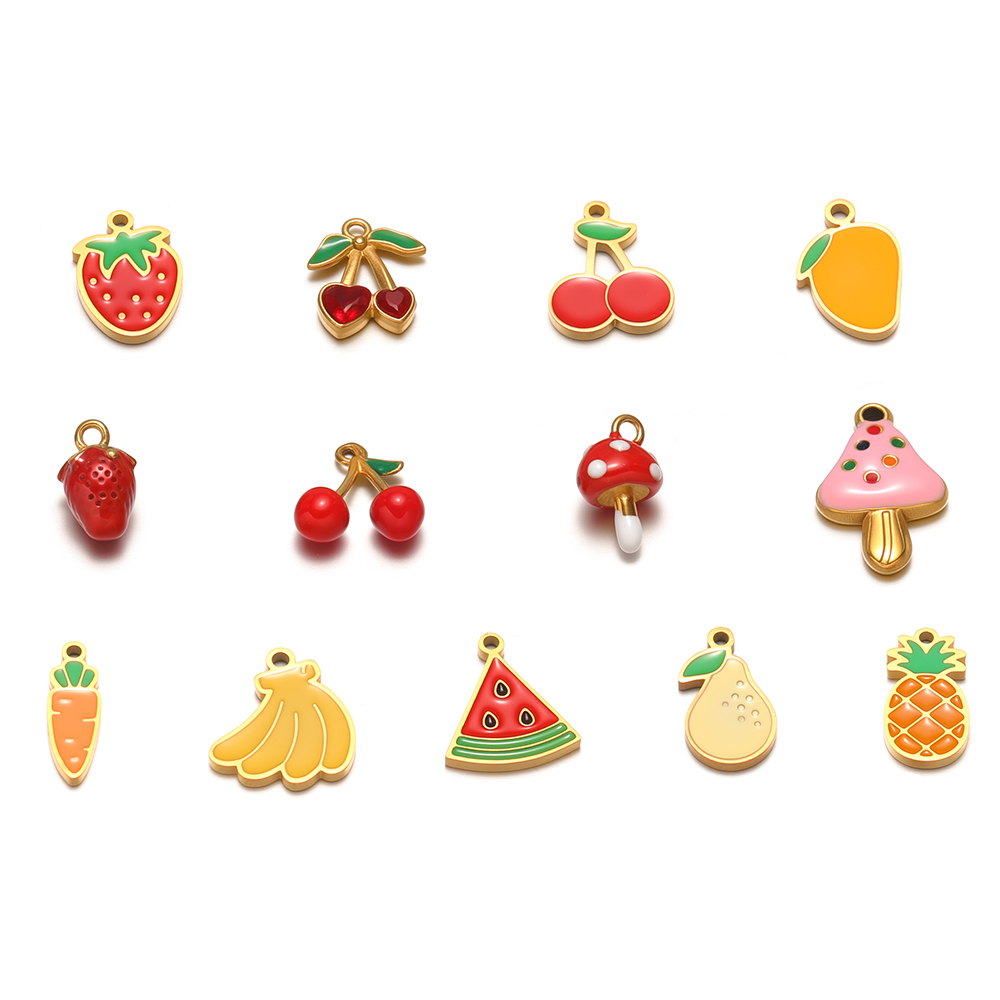 Jewelry Making For 5 Year Old - จี้สแตนเลสสตีลรูปเห็ดน่ารักเคลือบสี 5 ชิ้น ผลไม้เชอร์รี่ขนาดเล็ก สำหรับทำสร้อยคอเด็ก สร้อยข้อมือเด็ก