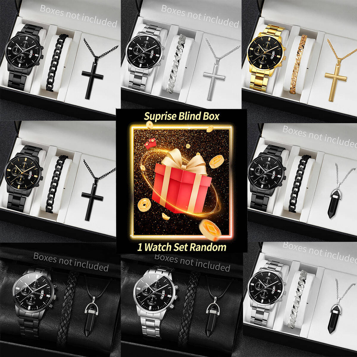 Jewelry Making Kits - นาฬิกาข้อมือเซอร์ไพรส์แบบสุ่ม-ชุด 3 ชิ้น/ชุด นาฬิกาควอตซ์แฟชั่นผู้ชายพร้อมปฏิทิน ชุดเครื่องประดับ Reloj